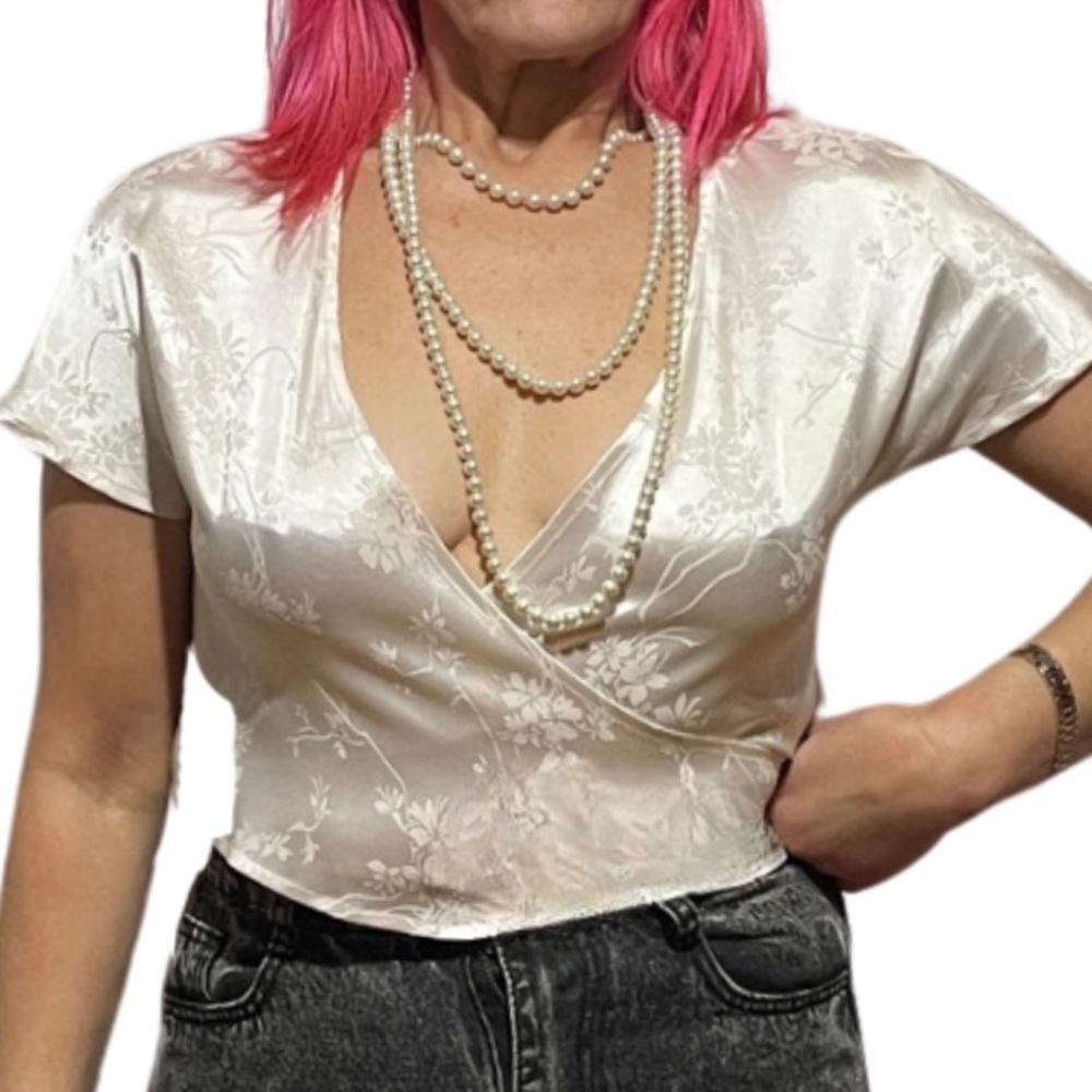 Cream Embossed Satin Wrap Blouse Crop Top